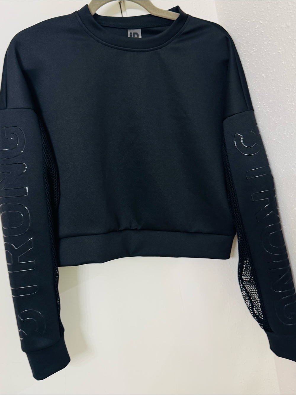 Women's Black Cropped Crewneck Sweater with Mesh Sleeve Panels